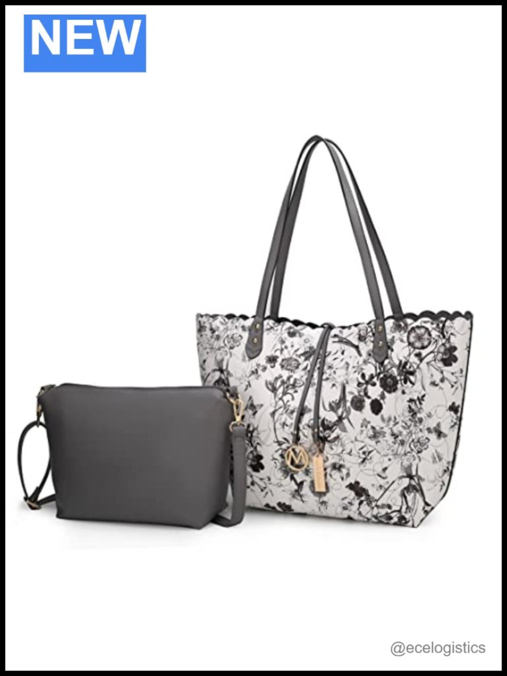Vegan Leather Tote & Pouch Set with Shoulder Strap - Women's Designer Handbag